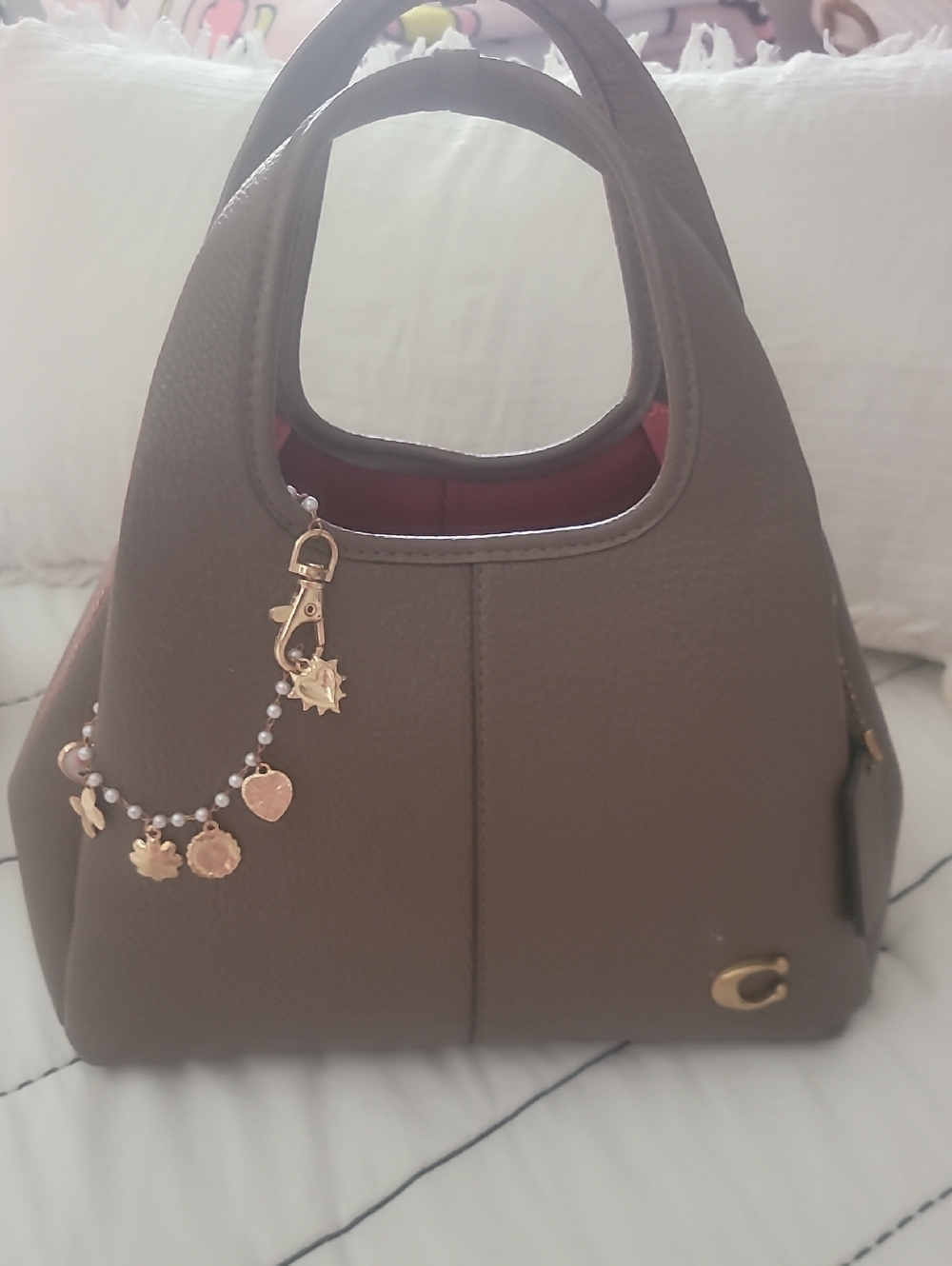 Pebbled Taupe Mini Crossbody Tote with Gold Charm Detail